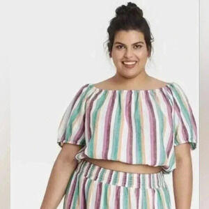 Ava And Viv Blouse Plus 2X Top Striped Short Sleeve Linen Blend White Purple NWT